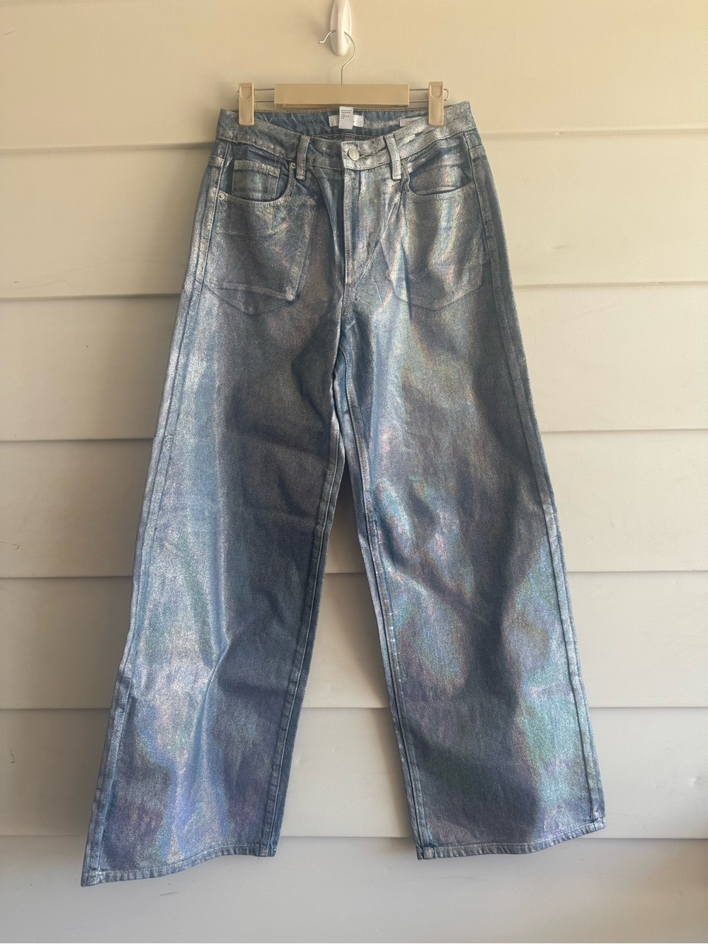Iridescent Blue Foil Jeans. High rise, Wide Leg Sz 24